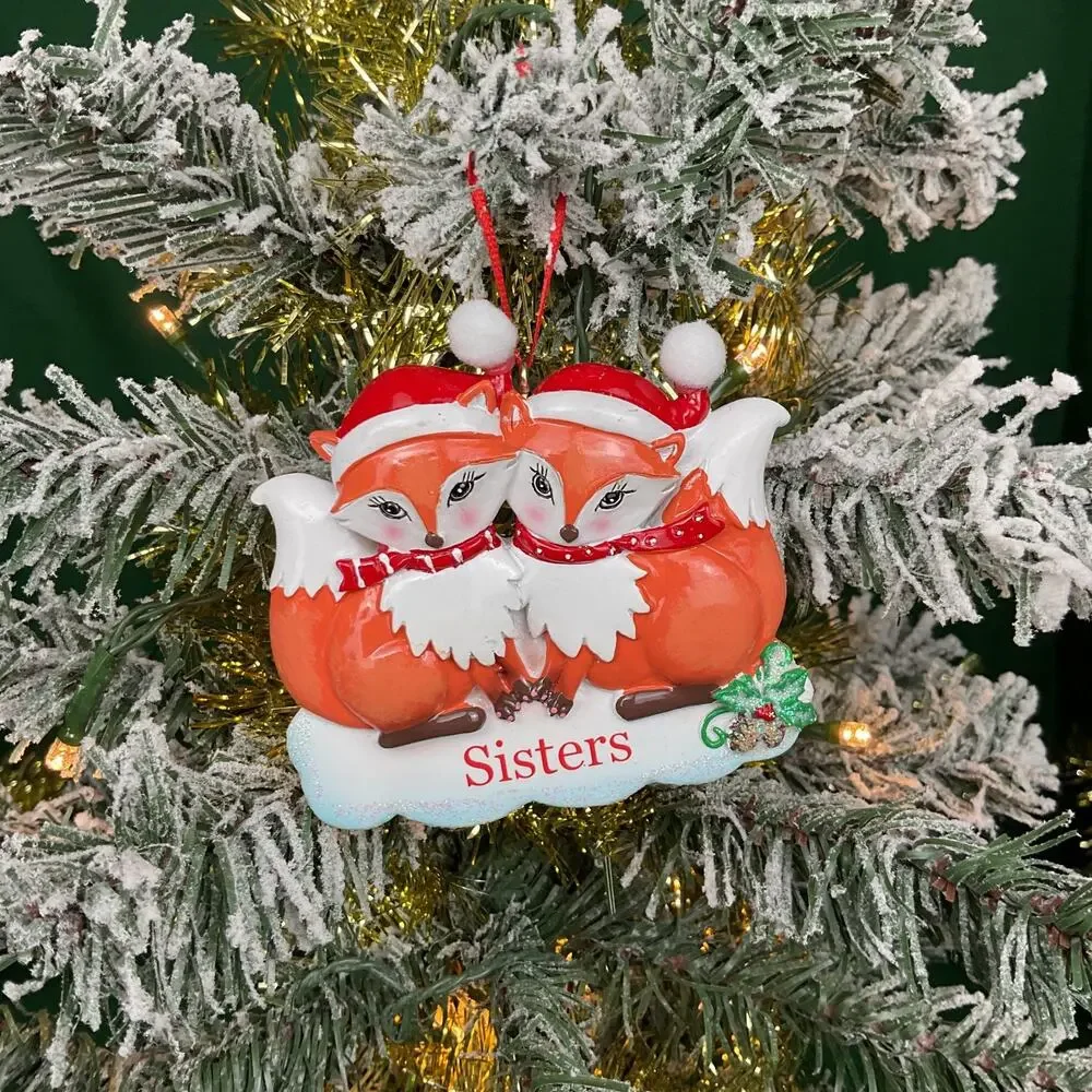 Sisters Fox Christmas Ornament Two Foxes Santa Hats Resin Woodland Animal Decor